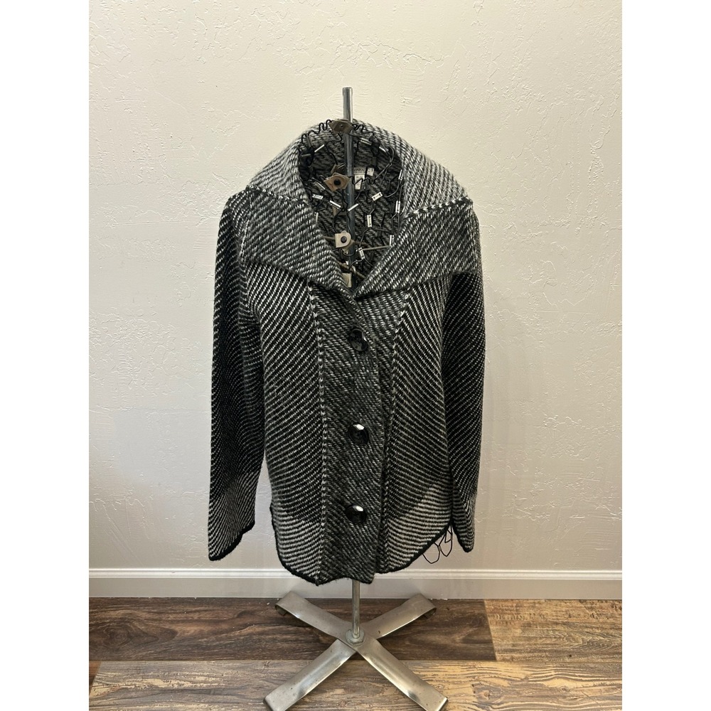 Conrad C Collection Black White Knit Cardigan Jacket‎ Oversized Collar Womens M